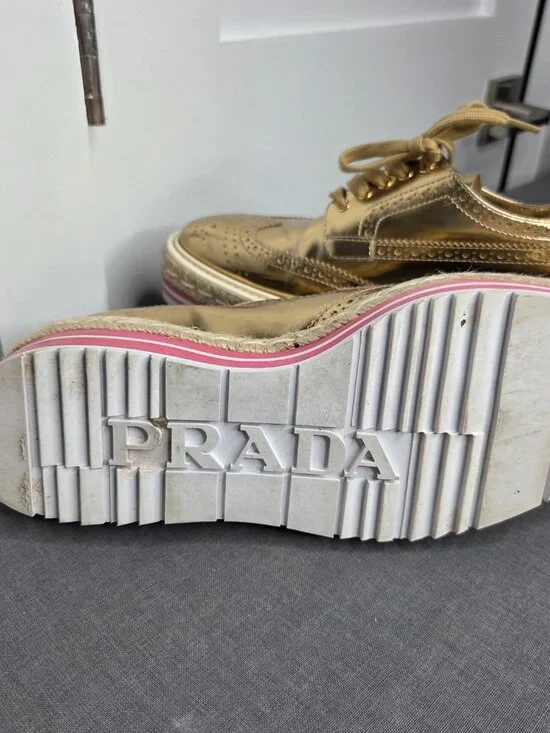 Prada Gold Metallic Platform Brogue Oxfords Espadrille Sole Women's 37.5 - Picture 7 of 13